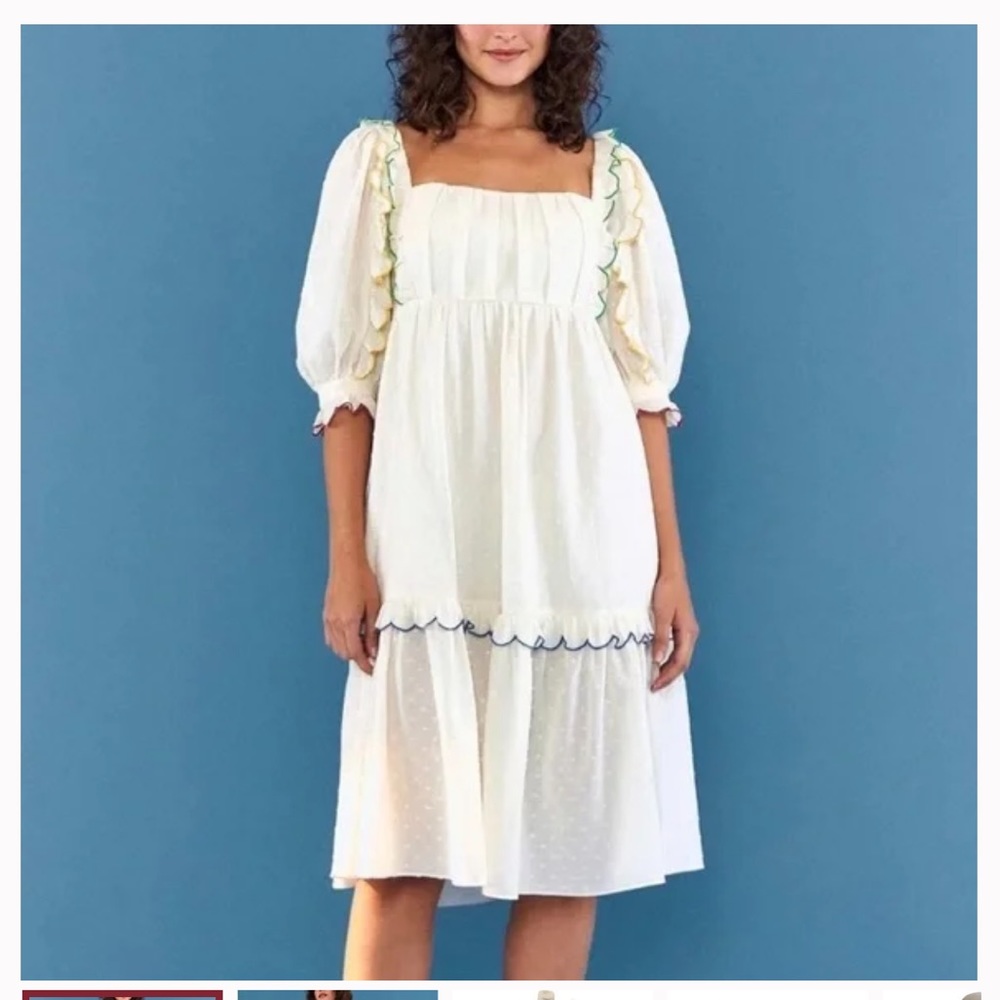 Farm Rio Off-White Textured Puff Sleeve Midi Dress Nwt S Pleated Front Neckline